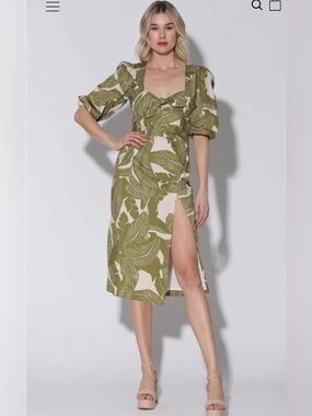Walter Baker Green Tropical Print Puff-Sleeve Midi Dress
